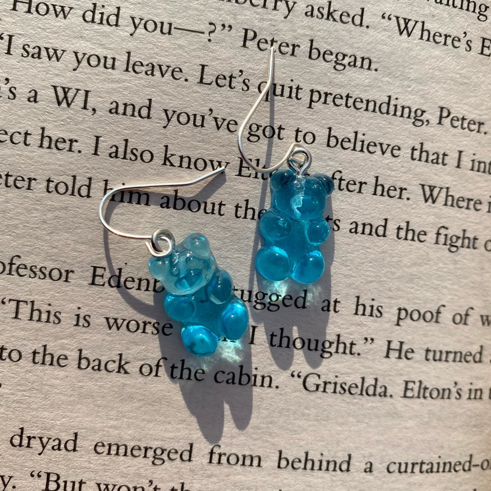 Blue gummy bear silver hook dangle earrings